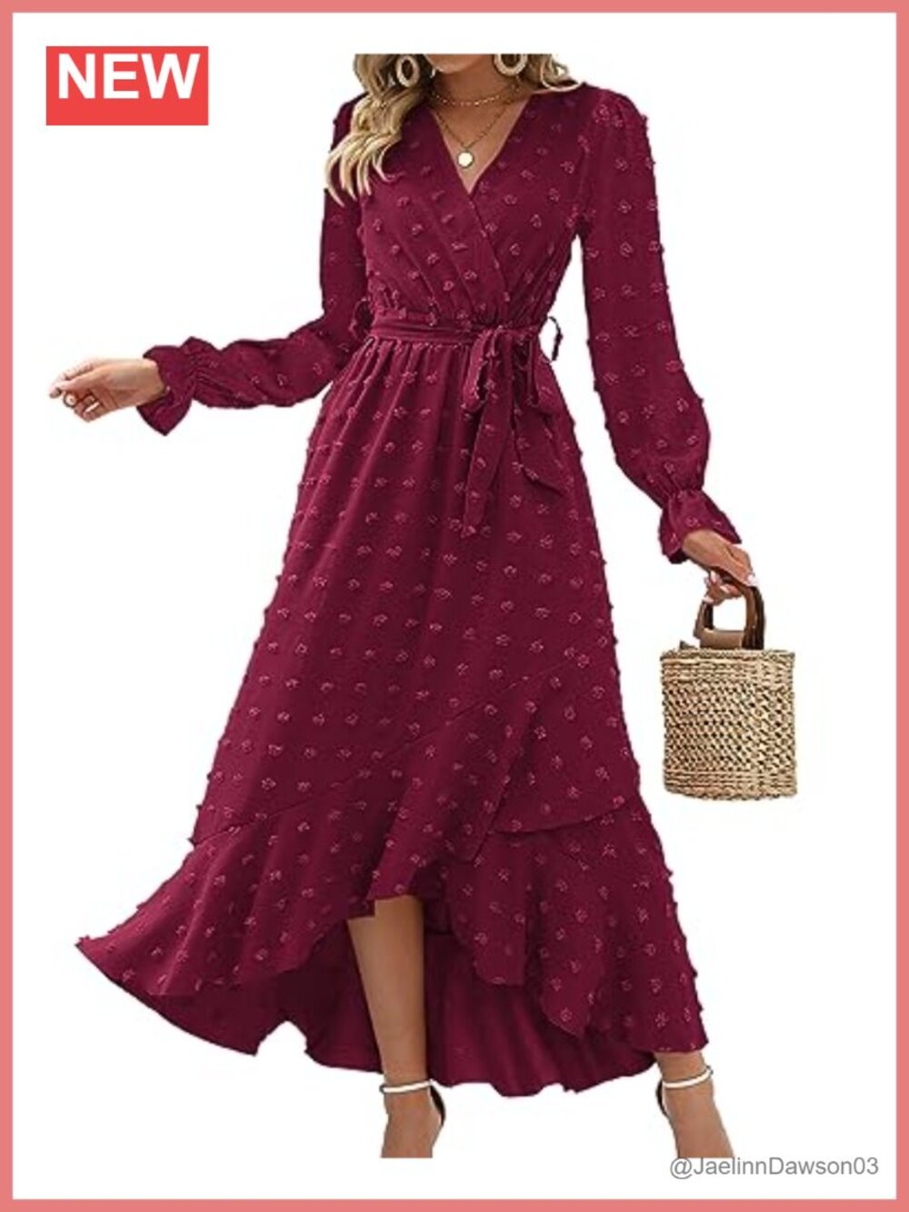 Women's Long Sleeve Maxi Dress Swiss Dot A-Line Wrap V-Neck